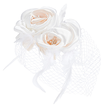 Bridal Mesh Veil Floral Cloth Hair Combs, Hair Accessories for Women, PeachPuff, 160x200x18mm