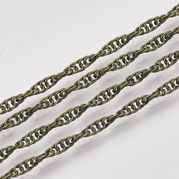 Soldered Brass Covered Iron Singapore Chains, Water Wave Chains, with Spool, Antique Bronze, 2x1x0.2mm, about 328.08 Feet(100m)/roll