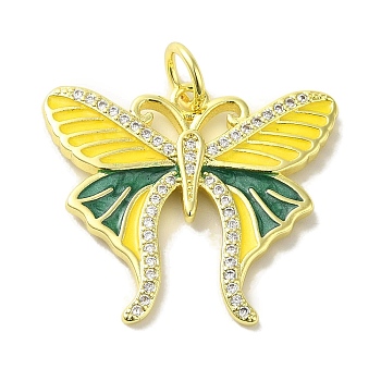 Brass Enamel Micro Pave Cubic Zirconia Pendants, Real 18K Gold Plated Butterfly Charms, with Jump Ring, Yellow, 22x25x2.5mm, Hole: 4.2mm