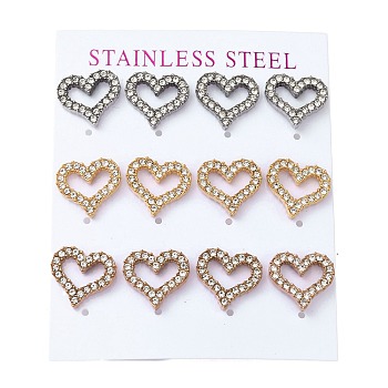 Vacuum Plating 304 Stainless Steel Stud Earring, with Rhinestone, Heart, Mixed Color, 13x14mm, 12pcs/set