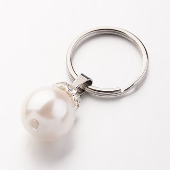 Stainless Steel Keychain, Round, with Imitation Pearl Acrylic Beads and Brass Rhinestone Spacer Beads, White, 52mm