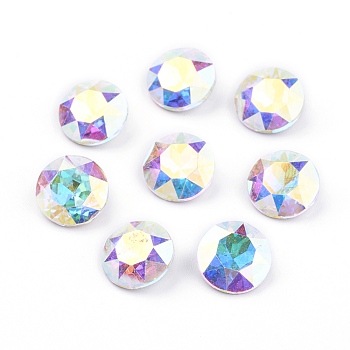 Pointed Back Glass Rhinestone Cabochons, Grade A, Faceted, AB Color Plated, Flat Round, Crystal AB, 8x4.5mm