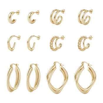 Yilisi 4Pair 4 Style C-shape Brass Stud Earrings, with 2Pair 2 Style Huggie Hoop Earrings for Women, Golden, 15~38x19~34x2.5~19.5mm, Pin: 0.3~0.7mm, 1Pair/style