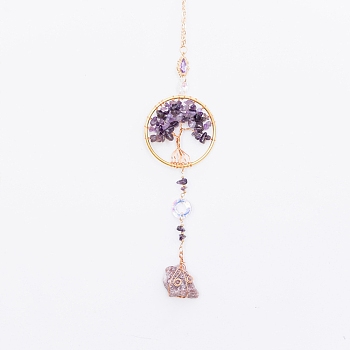 Natural Amethyst Flat Round with Tree of Life Pendant Decorations, with Glass Beads, for Car Hanging Ornament, 350mm