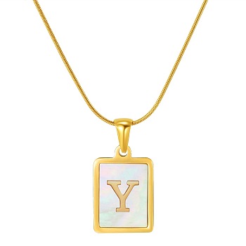 Stainless Steel Snake Bone Chain Alphabet Necklace with Shell Pendant, Letter Y, Golden