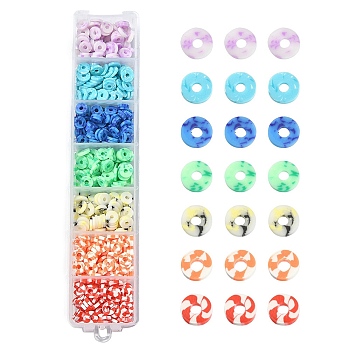 658Pcs 7 Colors Handmade Polymer Clay Beads, Disc/Flat Round, Heishi Beads, Mixed Color, 6x1mm, Hole: 2mm, 4g, about 94pcs/color