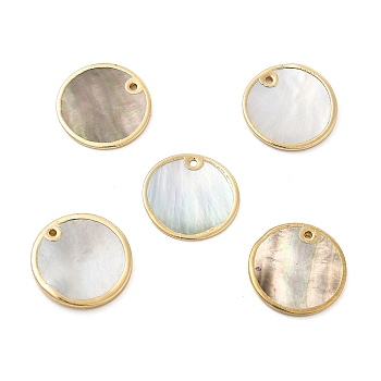 Natural Black Lip Shell Pendants, with Brass Findings, Flat Round Charms, Light Gold, 20~21x20~21x1~2mm, Hole: 1.4~1.5mm