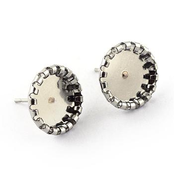 304 Stainless Steel Cabochons Stud Earring Settings, Flat Round, Stainless Steel Color, Tray: 9.5mm, 13mm, Pin: 0.8mm