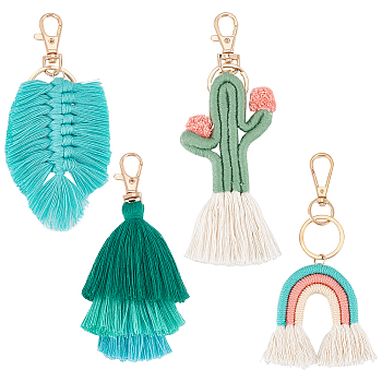 WADORN 4Pcs 4 Style Weaving Tassel Cotton Pendant Decorations, Alloy Lobster Clasps Charm, Clip-on Charm, for Keychain, Purse, Backpack Ornament, Green, 115~145mm, 1pc/style