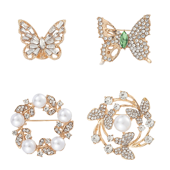 4Pcs 4 Styles Alloy Rhinestone Brooches for Clothes, with Imitation Pearl, Mixed Shapes, 19.5~38.5x23~38mm, 1pc/style