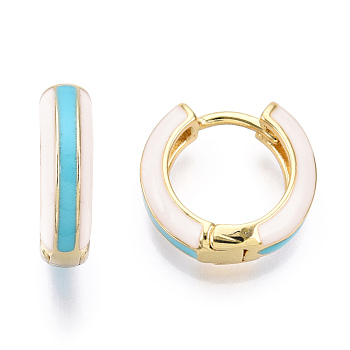 Brass Huggie Hoop Earrings, with Two Tone Enamel, Real 18K Gold Plated, Dark Turquoise, 15x16.5x5mm, Pin: 1x1mm