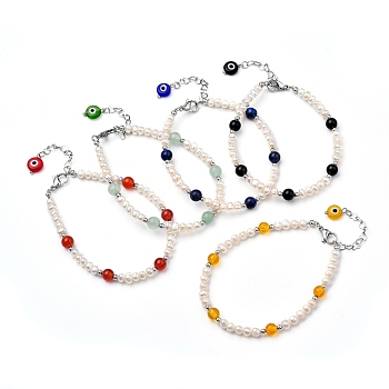 Natural Gemstone Beaded Bracelets, with Evil Eye Lampwork Beads, Natural Pearl Beads, Brass Beads and 304 Stainless Steel Lobster Claw Clasps, 7-7/8 inch(20cm)