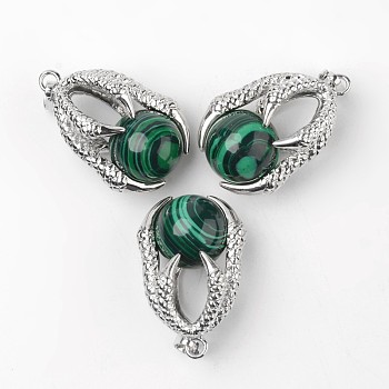 Eagle Claw Alloy Malachite Pendants, Platinum, 34~36x22~24x16mm, Hole: 5x8mm