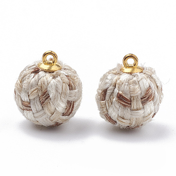 Handmade Cloth Fabric Covered Pendants, with Golden Tone Alloy Findings, Round, Creamy White, 16~18x14~15mm, Hole: 1.5mm
