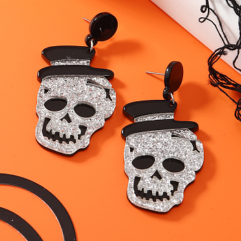 Halloween Skull Stud Earrings, Acrylic Dangle Fashion Statement Jewelry Accessories, White