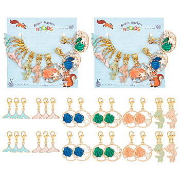 Ocean Theme Mermaid/Shell Pendant Stitch Markers, Alloy Enamel & Acrylic Pearl Crochet Lobster Clasp Charms, Locking Stitch Marker with Wine Glass Charm Ring, Mixed Color, 2.8~4cm, 16pcs/set