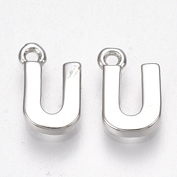 Brass Charms, Letter, Nickel Free, Real Platinum Plated, Letter.U, 8.5x5.5x1.5mm, Hole: 0.8mm