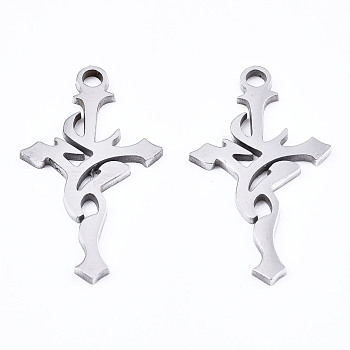 201 Stainless Steel Pendants, Laser Cut, Cross, Stainless Steel Color, 20x11x1mm, Hole: 1.4mm