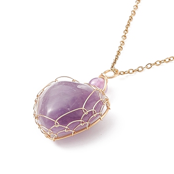 Copper Wire Wrapped Natural Amethyst Heart Pendant Necklaces, Golden Plated 304 Stainless Steel Necklace for Women, 17.52 inch(44.5cm), 1.5mm