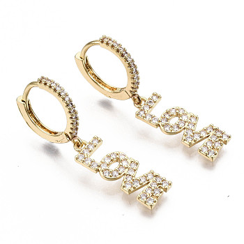 Brass Micro Pave Clear Cubic Zirconia Dangle Huggie Hoop Earrings, for Valentine's Day, Word Love, Nickel Free, Real 16K Gold Plated, 32.5mm, Pin: 0.8mm