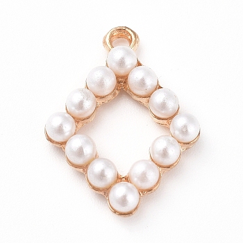 Plastic Imitation Pearl Pendants, with Alloy Findings, Rhombus, Golden, 23.5x17.5x4.5mm, Hole: 1.8mm