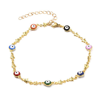 Anklets, with Brass Enamel Link Chains and 304 Stainless Steel Lobster Claw Clasps, Evil Eye, Star, Golden, Colorful, 9-5/8 inch(24.5cm)