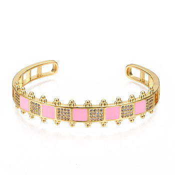 Brass Micro Pave Clear Cubic Zirconia Cuff Bangles, with Enamel, Nickel Free, Square, Real 16K Gold Plated, Pearl Pink, Inner Diameter: 2-3/8x2 inch(5.9x4.5cm)