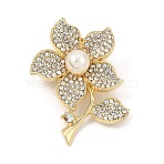 Flower Alloy Rhinestone Lapel Pin Brooches, with Plastic Imitation Pearl, Golden, 51x36mm(AL-CBAC0F3-02G)
