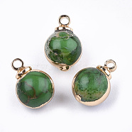 Natural Regalite/Imperial Jasper/Sea Sediment Jasper Charms, with Brass Findings, Round, Golden, Green, 12x9x8.5mm, Hole: 1mm(G-T111-11D)