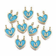 Alloy Enamel Charms, Cadmium Free & Lead Free, Heart with Initial Letters, Light Gold, Deep Sky Blue, Letter.M, 14.5x11.5x4.5mm, Hole: 2mm(X-ENAM-T012-02M-RS)