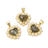 Natural Labradorite Pendants, Faceted Heart Charms, with Ion Plating(IP) Brass Findings and Plastic Beads, Real 14K Gold Plated, 18~18.5x17.5~18x5.5~6.8mm, Hole: 4.5x3.5mm(G-E599-05G-A01)