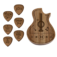 Guitar Shaped Wooden Guitar Picks Box, with 6 Pcs Traingle Wood Guitar Picks, Musical Note Pattern, 32x27x2.5mm, 6pcs/set(WOOD-WH0116-005)