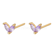 Golden 925 Sterling Silver Micro Pave Cubic Zirconia Stud Earrings, Leaf, Lilac, 5.5mm(FJ9969-5)