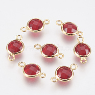 Glass Links connectors, with Brass Findings, Faceted Flat Round, Real 18K Gold Plated, Red, 12x7x3mm, Hole: 1.2mm(KK-Q752-007G-02)