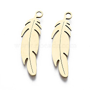 201 Stainless Steel Pendants, Laser Cut, Feather, Golden, 26x7x1mm, Hole: 1.4mm(STAS-T044-205G)
