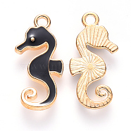 Alloy Enamel Pendants, Sea Horse, Light Gold, Black, 21x11x2mm, Hole: 1.6mm(ENAM-S121-037B)