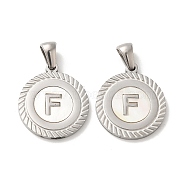 304 Stainless Steel Pendants, Flat Round Shell Charms with Letter, Stainless Steel Color, Letter F, 20.5x17.5x1.5mm, Hole: 2.5x4.5mm(STAS-I204-F-P)