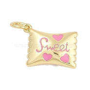 Brass Enamel Charms, with Jump Ring, Candy with Word Sweet Charms, Long-Lasting Plated, Lead Free & Cadmium Free, Rack Plating, Real 18K Gold Plated, Pink, 10.5x13.5x5.5mm, Hole: 3mm(KK-Q028-17A-G)