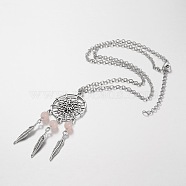 Iron Pendant Necklaces, with Alloy Leaf Findings and Natural Rose Quartz, 18.1 inch(NJEW-JN01342-01)