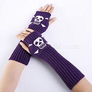 Polyacrylonitrile Fiber Yarn Knitting Long Fingerless Gloves, Arm Warmer, Winter Warm Gloves with Thumb Hole, Skull Pattern, Purple, 295~330x80mm(COHT-PW0001-18E)
