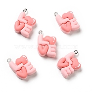 Opaque Resin Pendants, I Love You Macaron Charm, Imitation Food, with Platinum Tone Iron Loops, Pink, 27.5x18x8mm, Hole: 2x2.7mm(RESI-G043-F11)