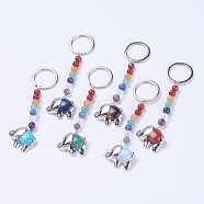 Natural/Synthetic Gemstone Chakra Keychain, with Mixed Stone and Platinum Plated Brass Key Findings, Elephant, 92mm, Ring: 24x2mm, Bead: 6~7mm, Pendant: 23x26x7mm(KEYC-P040-E)