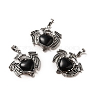 Natural Obsidian Heart Pendants, Dragon Charms, with Rack Plating Antique Silver Plated Brass Findings, Lead Free & Cadmium Free, 33x33.5~34x7~7.5mm, Hole: 8x5mm(KK-K331-01AS-05)