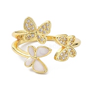 Butterfly Real 18K Gold Plated Cuff Rings for Girl Women Gift, Brass Micro Pave Cubic Zirconia Open Rings, with Resin, White, US Size 6 3/4(17.1mm)(ZIRC-C021-14G)