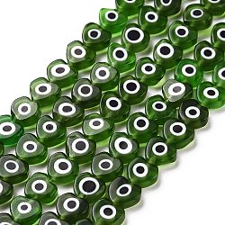 Handmade Evil Eye Lampwork Beads Strands, Heart, Green, 6~7x8x3mm, Hole: 1mm, about 47~49pcs/strand, 13.19~13.98 inch(33.5~35.5cm)(LAMP-F023-B13)