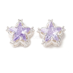 Brass Micro Pave Lilac Cubic Zirconia Beads, Hollow Star, Silver, 11x12x8mm, Hole: 1.6mm(CU-CBAEC99-28S)