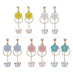 Golden Alloy Enamel Flower Dangle Stud Earrings, Glass Butterfly Tassel Earrings, Mixed Color, 60x20mm(EJEW-JE05713)