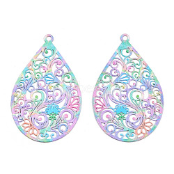 Spray Painted 430 Stainless Steel Filigree Pendants, Teardrop, Lilac, 45x28.5x0.5mm, Hole: 2mm(STAS-TAC0004-57A)