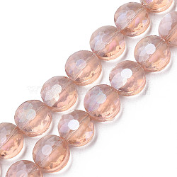 Electroplate Transparent Glass Beads Strands, Faceted, Flat Round, Pink, 10x6mm, Hole: 0.9mm, about 70pcs/strand, 27.95 inch(71cm)(EGLA-N002-38-C03)