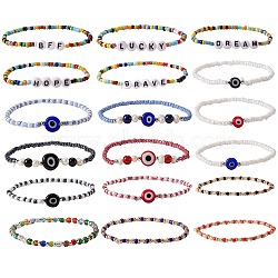 Word Lucky Stretch Bracelets Set, Evil Eye Beads Protection Bracelets, Glass Seed Beads Bracelets for Girl Women, Mixed Color, Inner Diameter: 2-1/8~2-3/8 inch(5.5~6cm), 18pcs/set(BJEW-SZ0001-94)